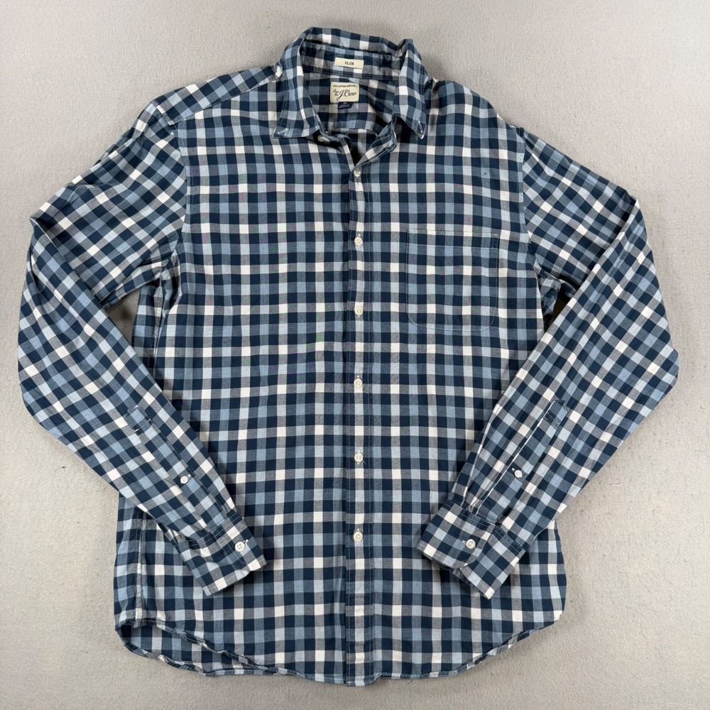J. Crew Mens Slim Fit Gingham Check Cotton Button Down Shirt Blue White Size M